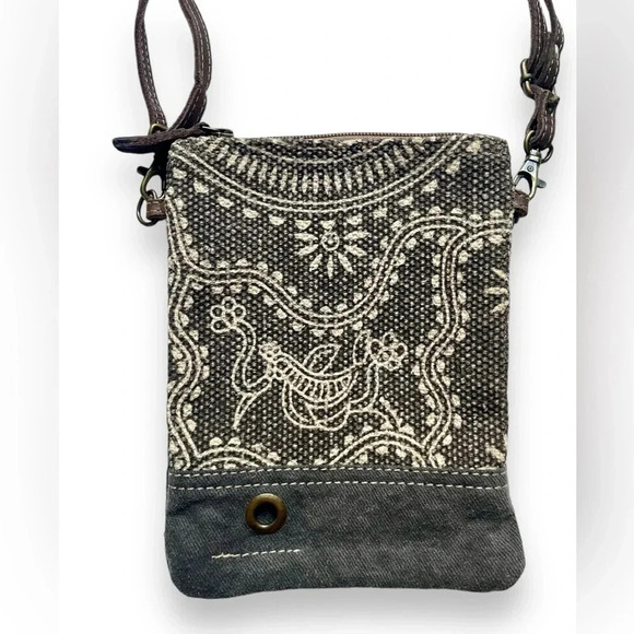Myra Timeless Upcycled Boho Leather Canvas Crossbody Bag - Picture 2 of 5